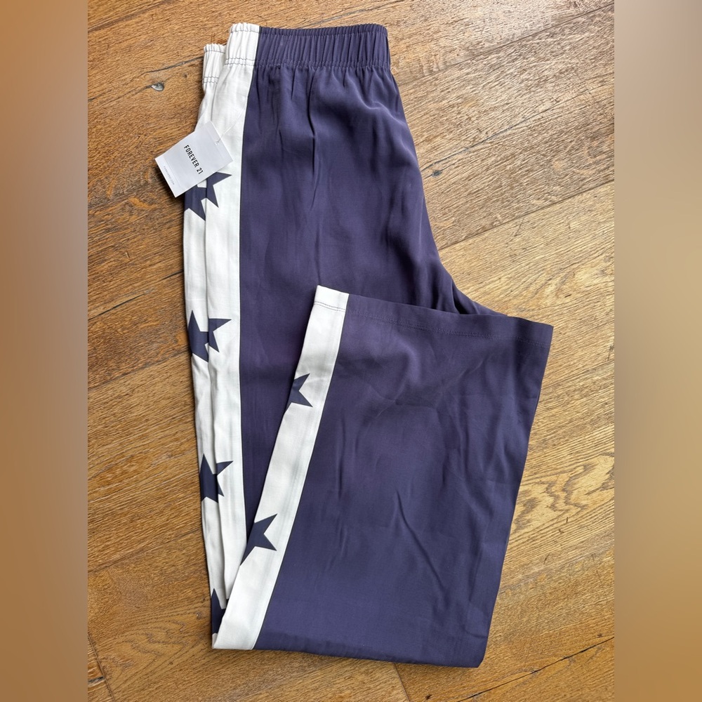 Forever 21 Navy Star-Patterned Wide Leg Pants Elastic waist Unisex